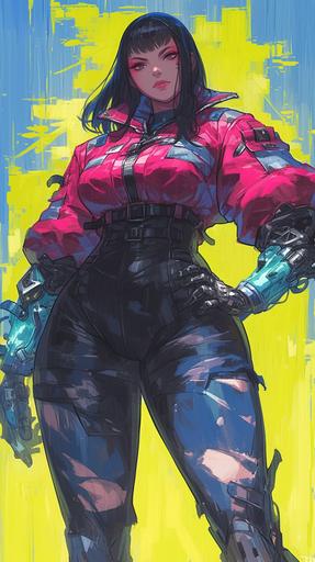 In style of Philippe Druillet, baroque extravagance, Muscular, Fat, Big Belly, Thick, feminine, attractive, chubby, Evil, devil, demon, goddess, chubby and attractive woman in a futuristic space pirate plus size uniform with a pudgy, cybernetic enhancements Full body view, digital painting, 8k --stylize 750 --ar 9:16 --niji 6