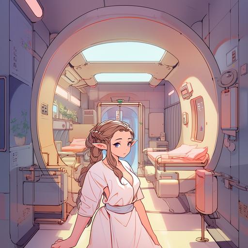 In the Hypostyle hospital stands a cute anime nurse, she's got curly light-brown hair with some buns at each ear, her ears elvish, she's curvaceous in her light blue and white nurse outfit --niji 5