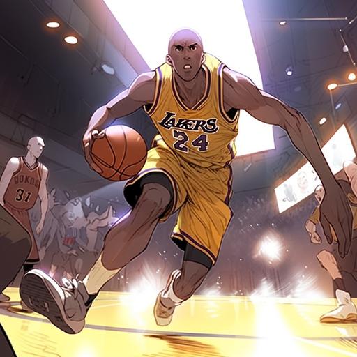 In the anime version, on a brightly lit indoor basketball court, Kobe Bryant wears his signature jersey and shows off his basketball talent. He runs freely on the field with the ball, as if dancing an invisible symphony. There was tension on the pitch and the spectators cheered for his every move. Bryant dribbled with his unique skill, nimbly breaking through defenders and then jumping up to shoot. The ball passes through the basket with unmistakable accuracy, creating a crisp 