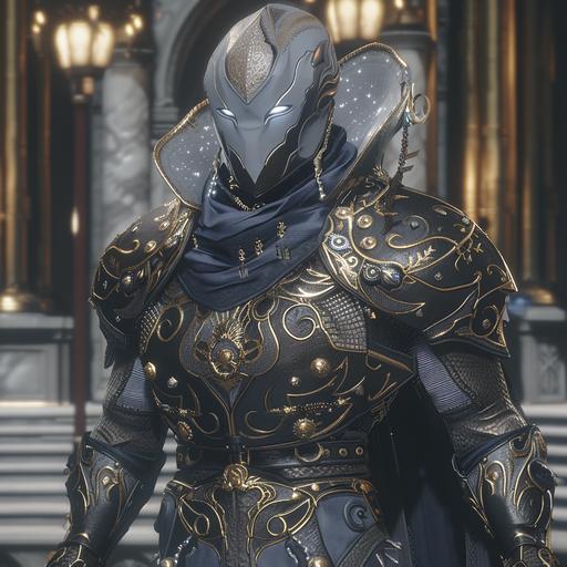 In the bustling heart of a metropolis carved from gleaming marble & iron, stands a character as enigmatic as the city itself. This warrior's muscular frame is encased in armor that seems to have been forged from the very stars, with pauldrons shaped like crescent moons cradling the night sky. Their skin has a soft, otherworldly shimmer, reminiscent of the polished sheen of a sunlit pearl, & their eyes blaze like twin sapphires, piercing through the veil of mundane existence. A cascade of hair, white as a fresh snowfall, is partially confined by a series of elaborate braids decorated with tiny, hammered metal charms that chime a haunting melody with each step they take. The character's presence exudes an air of austere royalty, with an ornate, embroidered cloak billowing behind, stitched with threads of silver & gold that tell tales of ancient victories. Visible at their hip, a slender, curved blade rests within an intricately ornamented scabbard, the patterns upon it suggest a history of ceremonial honor & deadly efficiency. This figure carries the poise of a seasoned fighter yet bears the inscrutable gaze of one who has seen beyond the veils of mere reality.