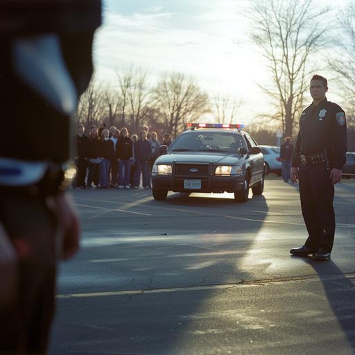 In the bustling high school parking lot, amidst the chatter of students and the occasional revving of engines, a male police officer takes center stage. The midday sun casts a warm glow over the scene as he demonstrates a critical aspect of law enforcement: a traffic stop. Surrounded by curious onlookers, both students and faculty alike, the officer stands beside a student's vehicle, showcasing the precise procedure followed during such encounters. The police cruiser, its lights flashing in a vibrant display of authority, illuminates the area, creating a stark contrast against the daylight. As the officer calmly explains each step, from approaching the vehicle to communicating with the driver, the attentive crowd absorbs the lesson, recognizing the importance of compliance and cooperation in ensuring safety on the road. With a blend of professionalism and approachability, the officer engages with the students, answering questions and addressing any concerns that may arise. His demeanor exemplifies the ideals of community policing, fostering trust and understanding between law enforcement and the younger generation. As the demonstration unfolds, it becomes more than just a practical lesson in protocol; it becomes a moment of empowerment, equipping these young individuals with the knowledge and confidence to navigate encounters with law enforcement responsibly. And amidst the backdrop of school life, where learning extends beyond the classroom, this educational traffic stop serves as a reminder of the partnership between police and community in fostering a safer, more informed society.