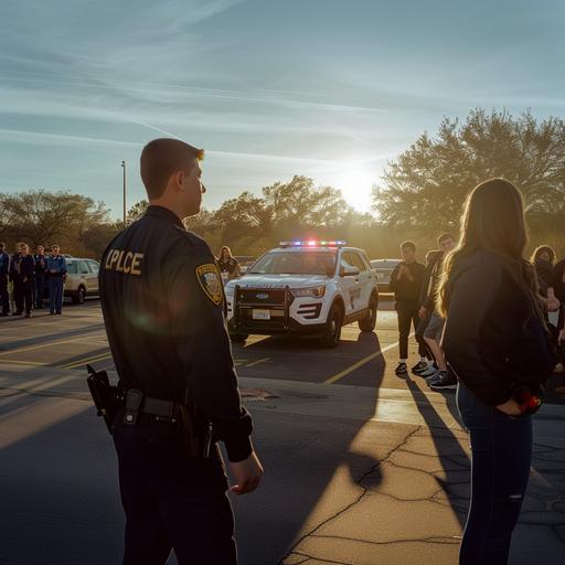 In the bustling high school parking lot, amidst the chatter of students and the occasional revving of engines, a male police officer takes center stage. The midday sun casts a warm glow over the scene as he demonstrates a critical aspect of law enforcement: a traffic stop. Surrounded by curious onlookers, both students and faculty alike, the officer stands beside a student's vehicle, showcasing the precise procedure followed during such encounters. The police cruiser, its lights flashing in a vibrant display of authority, illuminates the area, creating a stark contrast against the daylight. As the officer calmly explains each step, from approaching the vehicle to communicating with the driver, the attentive crowd absorbs the lesson, recognizing the importance of compliance and cooperation in ensuring safety on the road. With a blend of professionalism and approachability, the officer engages with the students, answering questions and addressing any concerns that may arise. His demeanor exemplifies the ideals of community policing, fostering trust and understanding between law enforcement and the younger generation. As the demonstration unfolds, it becomes more than just a practical lesson in protocol; it becomes a moment of empowerment, equipping these young individuals with the knowledge and confidence to navigate encounters with law enforcement responsibly. And amidst the backdrop of school life, where learning extends beyond the classroom, this educational traffic stop serves as a reminder of the partnership between police and community in fostering a safer, more informed society.