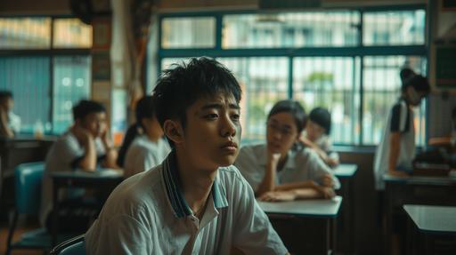 In the center of the scene, a Taiwanese high school student sits in their seat, looking sad, their gaze directed towards the window beside them. In the background, classmates laugh and joke inside the classroom ,photograph --ar 16:9