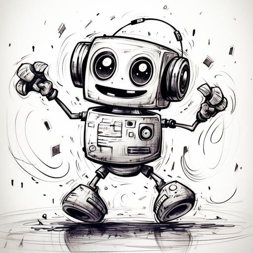 In the center of this sketch, drawn with sharp black pen strokes in a playful cartoon style, stands a robot AI dance coach bursting with joy. Its design is dominated by two huge, round electronic eyes which are literally shining, like stars, with happiness. A wide, upturned grin stretches across its face, capturing pure elation. To add to its jubilant expression, the robot is striking a celebratory dance pose: one leg raised slightly with a bend, its body leaning into the rhythm, and its arms outstretched dynamically. The highlight, however, is its prominently displayed hand on one side: fingers curled in except for one extended digit, unmistakably signaling a giant thumbs up. This combination of pose and expression makes it crystal clear that the robot is ecstatic after witnessing its student's impressive dance performance.
