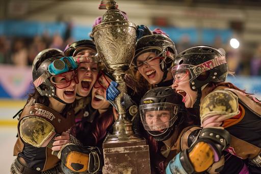 In the championship celebration photo for the roller derby team, The Medieval Grunge Gals, the skaters are captured in a triumphant moment on the rink. The team, adorned in eclectic medieval grunge attire, forms a jubilant huddle with the championship trophy proudly held aloft. Goggles, leather patches, and rustic armor are sported by the victorious skaters, showcasing their unique blend of medieval and grunge aesthetics. Skates scuffed from the intense competition are visible as they form a circle, capturing the raw energy and camaraderie of the team. In the background, cheering fans wave medieval banners, adding to the atmosphere of celebration. The arena is filled with the echoes of electric guitars and the cheers of supporters, creating a visual symphony of triumph for The Medieval Grunge Gals. The championship celebration photo freezes this moment of victory, immortalizing the grit and spirit of the roller derby team in their unconventional medieval grunge glory. --ar 3:2 --v 6.0