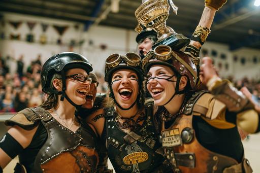 In the championship celebration photo for the roller derby team, The Medieval Grunge Gals, the skaters are captured in a triumphant moment on the rink. The team, adorned in eclectic medieval grunge attire, forms a jubilant huddle with the championship trophy proudly held aloft. Goggles, leather patches, and rustic armor are sported by the victorious skaters, showcasing their unique blend of medieval and grunge aesthetics. Skates scuffed from the intense competition are visible as they form a circle, capturing the raw energy and camaraderie of the team. In the background, cheering fans wave medieval banners, adding to the atmosphere of celebration. The arena is filled with the echoes of electric guitars and the cheers of supporters, creating a visual symphony of triumph for The Medieval Grunge Gals. The championship celebration photo freezes this moment of victory, immortalizing the grit and spirit of the roller derby team in their unconventional medieval grunge glory. --ar 3:2 --v 6.0
