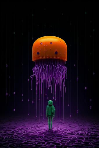 In the dark with 8-bit orange jellyfish head and purple hair, in the style of nadav kander, surrealistic cartoons, dark orange and light green, hiroshi nagai, caras ionut, post - internet art, humorous tableau --ar 20:30