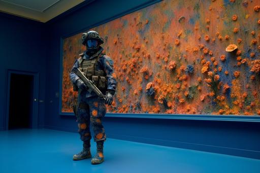 In the deep blue & orange painting museum room five Tamiya police SWAT team 3d HD models sculptur with small dried deep blue & orange flowers camouflage outfit surrounded by a forest of very high enoki and mushrooms, by Damien Hirst, claude monet color palette, hyperrealism photography, extremely detailed, art design photography, cinematic lighting, intricate, 8k, HD, cinematography, photorealistic, Unreal Engine, Cinematic, portrait Photography, hyper - detailed, insane details, intricate details, Cinematic, Editorial Photography, Photography, Photoshoot, DOF, White Balance, 32k, Super - Resolution, Megapixel, ProPhoto RGB, Halfrear Lighting, Backlight, Natural Lighting, Incandescent, Optical Fiber, Moody Lighting, Cinematic Lighting, Studio Lighting, Soft Lighting, Volumetric, Lighting, Accent Lighting, Global Illumination, Screen Space Global Illumination, Ray Tracing Global Illumination, Optics, Scattering, Glowing, Shadows, Rough, Shimmering, Ray Tracing Reflections, Lumen Reflections, Screen Space Reflections, Diffraction Grading, GB Displacement, Scan Lines, Ray Traced, Ray Tracing Ambient Occlusion, Anti - Aliasing, FKAA, TXAA, RTX, SSAO, Shaders, OpenGL - Shaders, GLSL - Shaders, Post Processing, Post - Production, Cel Shading, Tone Mapping, CGI, VFX, SFX, insanely detailed and intricate, hypermaximalist, elegant, hyper realistic, super detailed, dynamic pose, photography, 32k --ar 3:2 --q 2 --s 750 --v 5