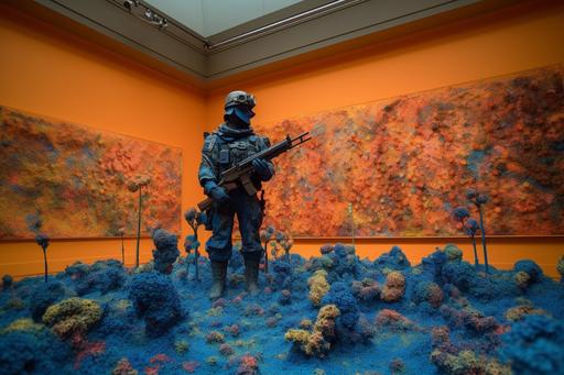 In the deep blue & orange painting museum room five Tamiya police SWAT team 3d HD models sculptur with small dried deep blue & orange flowers camouflage outfit surrounded by a forest of very high enoki and mushrooms, by Damien Hirst, claude monet color palette, hyperrealism photography, extremely detailed, art design photography, cinematic lighting, intricate, 8k, HD, cinematography, photorealistic, Unreal Engine, Cinematic, portrait Photography, hyper - detailed, insane details, intricate details, Cinematic, Editorial Photography, Photography, Photoshoot, DOF, White Balance, 32k, Super - Resolution, Megapixel, ProPhoto RGB, Halfrear Lighting, Backlight, Natural Lighting, Incandescent, Optical Fiber, Moody Lighting, Cinematic Lighting, Studio Lighting, Soft Lighting, Volumetric, Lighting, Accent Lighting, Global Illumination, Screen Space Global Illumination, Ray Tracing Global Illumination, Optics, Scattering, Glowing, Shadows, Rough, Shimmering, Ray Tracing Reflections, Lumen Reflections, Screen Space Reflections, Diffraction Grading, GB Displacement, Scan Lines, Ray Traced, Ray Tracing Ambient Occlusion, Anti - Aliasing, FKAA, TXAA, RTX, SSAO, Shaders, OpenGL - Shaders, GLSL - Shaders, Post Processing, Post - Production, Cel Shading, Tone Mapping, CGI, VFX, SFX, insanely detailed and intricate, hypermaximalist, elegant, hyper realistic, super detailed, dynamic pose, photography, 32k --ar 3:2 --q 2 --s 750 --v 5