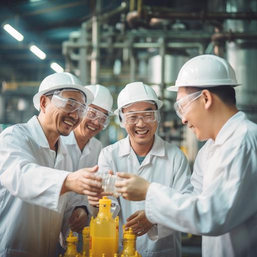 In the factory and laboratory of Asian technology, workers wearing white clothes and white hats are lifting test tubes, observing the safety of yellow grease inside the tubes, smiling confidently, and communicating with colleagues