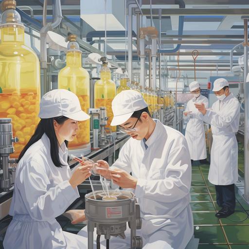 In the factory and laboratory of Asian technology, workers wearing white clothes and white hats are lifting test tubes, observing the safety of yellow grease inside the tubes, smiling confidently, and communicating with colleagues
