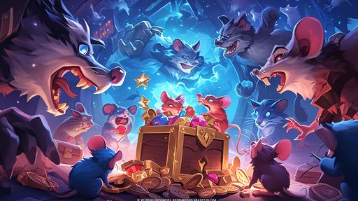 In the foreground in the dark, mice characters stand on their hind legs, rear-side view, the mouse makes an offering, stretches its paws forward. The mice stand with their backs in the frame. In the center lies a bunch of treasures, cat toys. Mice put toys in a pile. Image from the game Hearthstone. In the style of joyful chaos. By Fenghua zhong. By Nicola Saviori. Dark colors. Painterly dynamic brushwork. Playful expressions. Boldly textured surfaces. In a dark background. Joyful and optimistic. Cartoonish caricatures. Inventive character designs. Dark lighting. In the style of dark sky-blue and magenta. Colorful. Award-winning --chaos 0 --ar 16:9 --stylize 500 --sw 50 --sref     --niji 6