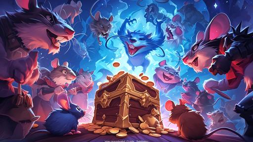 In the foreground in the dark, mice characters stand on their hind legs, rear-side view, the mouse makes an offering, stretches its paws forward. The mice stand with their backs in the frame. In the center lies a bunch of treasures, cat toys. Mice put toys in a pile. Image from the game Hearthstone. In the style of joyful chaos. By Fenghua zhong. By Nicola Saviori. Dark colors. Painterly dynamic brushwork. Playful expressions. Boldly textured surfaces. In a dark background. Joyful and optimistic. Cartoonish caricatures. Inventive character designs. Dark lighting. In the style of dark sky-blue and magenta. Colorful. Award-winning --chaos 0 --ar 16:9 --stylize 500 --sw 50 --sref     --niji 6