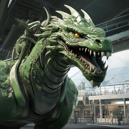 In the foreground is a highly detailed, photorealistic, huge green dragon with piercing eyes, looking straight at us. The dragon consists of spare parts for elevators and escalators: Belts, rollers, bearings, chains, traction pulleys, escalator handrails, electronic boards, elevator buttons. . In the background is the number 2024 and the inscription Liftway.ru. The proportions of the photorealistic painting are 3:2.