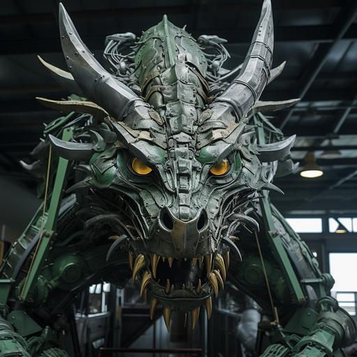 In the foreground is a highly detailed, photorealistic, huge green dragon with piercing eyes, looking straight at us. The dragon consists of spare parts for elevators and escalators: Belts, rollers, bearings, chains, traction pulleys, escalator handrails, electronic boards, elevator buttons. .