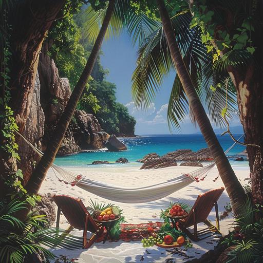 In the heart of a lush tropical jungle, where the greenery of palm trees intertwines with the deep blue of the ocean, lies a paradisiacal corner bathed in sunlight. The scene unfolds on a small stretch of soft white sand beach, bordered by towering cliffs covered in exotic tropical flowers. The clear sky is reflected in the crystal-clear waters of the sea, stretching out to the horizon, where the sun begins to descend, painting the sky with warm tones of orange, pink, and gold. On the shore of the beach, a white fabric hammock hangs between two palm trees, gently swaying in the sea breeze. Spread out on the sand is a colorful handwoven blanket, adorned with tropical motifs and vibrant flowers. Next to the hammock, a small rustic wooden table holds a tray of fresh tropical fruits such as pineapples, mangos, and coconuts, arranged temptingly. In the center of the image, a pair of dark wooden chairs face each other, inviting viewers to imagine two people enjoying the warm breeze and stunning landscape. In the distance, the silhouette of an island covered in lush vegetation can be glimpsed, adding depth to the scene and suggesting the possibility of further tropical adventures to be discovered. Despite the absence of sandals in the image, the warm and relaxing atmosphere evokes the feeling of freedom and comfort one might experience while wearing a perfect pair of sandals to explore this tropical paradise. The image conveys a sense of escapism and serenity, inviting viewers to immerse themselves in the natural beauty of the world and to dream of future adventures under the tropical sun.