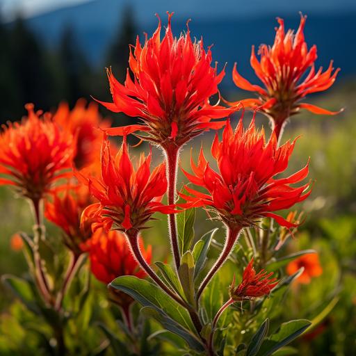 In the heart of a sun-drenched meadow, a mesmerizing midjourney unfolds--a vibrant Indian paintbrush flower brought to life through a cool and unique art style. The air is alive with the hum of pollinators and the dance of sunlight filtering through the surrounding foliage. The Indian paintbrush takes center stage, its slender stem and fiery petals rendered in a style that blends realism with a touch of abstract flair. The flower's crimson hues are rich and bold, intensifying as they streak towards the tips of the delicate petals. The artist's brushstrokes create a dynamic interplay of light and shadow, capturing the flower's ethereal glow as if it were illuminated from within. The cool art style lends an otherworldly quality to the scene, with the Indian paintbrush seemingly suspended in a moment of perpetual bloom. The petals ripple like silk caught in a gentle breeze, and the subtle gradations of color give the impression of a living, breathing entity. As the flower stands tall, its stem weaves a tapestry of vibrant greenery. The leaves, defined by bold lines and unconventional shapes, add a contemporary twist to the botanical beauty. Surrounding the Indian paintbrush, a halo of abstract forms and splashes of color convey the energy and movement of the meadow, creating an immersive and visually stimulating experience. The background reveals a dreamlike landscape where hills and valleys are suggested through a mix of cool and warm tones, creating a harmonious backdrop that enhances the flower's radiant presence. The entire composition invites viewers to wander into this midjourney moment, where the Indian paintbrush stands as a symbol of natural elegance, reimagined through the lens of artistic innovation.