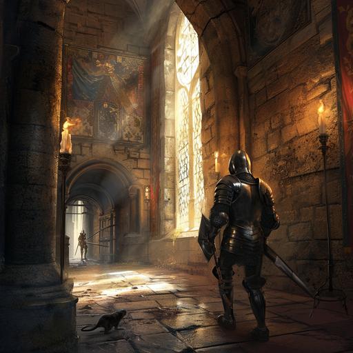 In the heart of the castle's grand hall, flickering torches cast dancing shadows on stone walls adorned with tapestries depicting heroic tales. The air resonates with the metallic clash of knights, their gleaming armor reflecting fractured beams of light. Amidst the chaos, a lone knight, adorned in shimmering silver, skillfully parries and thrusts, the fluidity of his movements captivating all who witness. The scent of polished metal mingles with the earthiness of the castle's ancient stones. Splashes of crimson and cobalt blur with the dust kicked up by rapid footwork. Beneath the knights' feet, unnoticed, a world teems with life--mice darting between cracks, insects navigating through the tapestry's fibers. Beyond the fray, towering stained glass windows filter kaleidoscopic hues onto the scene, while a hidden courtyard bathes in the moonlit glow. Amidst the clash of steel, the enchanting ecosystem endures--nature's pulse beneath the thundering beats of battle. --s 50 --v 6.0