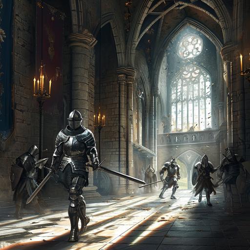 In the heart of the castle's grand hall, flickering torches cast dancing shadows on stone walls adorned with tapestries depicting heroic tales. The air resonates with the metallic clash of knights, their gleaming armor reflecting fractured beams of light. Amidst the chaos, a lone knight, adorned in shimmering silver, skillfully parries and thrusts, the fluidity of his movements captivating all who witness. The scent of polished metal mingles with the earthiness of the castle's ancient stones. Splashes of crimson and cobalt blur with the dust kicked up by rapid footwork. Beneath the knights' feet, unnoticed, a world teems with life--mice darting between cracks, insects navigating through the tapestry's fibers. Beyond the fray, towering stained glass windows filter kaleidoscopic hues onto the scene, while a hidden courtyard bathes in the moonlit glow. Amidst the clash of steel, the enchanting ecosystem endures--nature's pulse beneath the thundering beats of battle. --s 50 --v 6.0