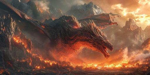 In the heart of the medieval grunge mountains, where jagged cliffs rise like the teeth of a beast, a dragon's treacherous lair awaits. The landscape is a symphony of molten lava flows, their fiery tongues licking the sky, casting an eerie glow upon the dragon's domain. The dragon itself, a guardian of untold riches, stands tall against the backdrop of the looming mountains, its silhouette a stark contrast to the fiery chaos that surrounds it. The dragon's scales, weathered by time and battle, glint with the remnants of a once-gleaming armor, now a testament to its age and might. Forgotten treasures, long buried under the weight of history, peek out from the rocky terrain, their once-bright luster now dulled by the passage of centuries. Ancient runes, etched into the very bones of the mountains, whisper tales of forgotten battles and the dragon's eternal vigil. This is a realm where fantasy and the rugged ambiance of a medieval world collide, a place where the dragon's roar echoes through the canyons, a challenge to any who dare to approach its hoard. The air is thick with the scent of sulfur and the promise of untamed power, a testament to the dragon's dominance over this elemental landscape. --ar 2:1 --stylize 500 --v 6.0