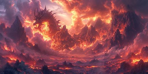 In the heart of the medieval grunge mountains, where jagged cliffs rise like the teeth of a beast, a dragon's treacherous lair awaits. The landscape is a symphony of molten lava flows, their fiery tongues licking the sky, casting an eerie glow upon the dragon's domain. The dragon itself, a guardian of untold riches, stands tall against the backdrop of the looming mountains, its silhouette a stark contrast to the fiery chaos that surrounds it. The dragon's scales, weathered by time and battle, glint with the remnants of a once-gleaming armor, now a testament to its age and might. Forgotten treasures, long buried under the weight of history, peek out from the rocky terrain, their once-bright luster now dulled by the passage of centuries. Ancient runes, etched into the very bones of the mountains, whisper tales of forgotten battles and the dragon's eternal vigil. This is a realm where fantasy and the rugged ambiance of a medieval world collide, a place where the dragon's roar echoes through the canyons, a challenge to any who dare to approach its hoard. The air is thick with the scent of sulfur and the promise of untamed power, a testament to the dragon's dominance over this elemental landscape. --ar 2:1 --stylize 500 --v 6.0