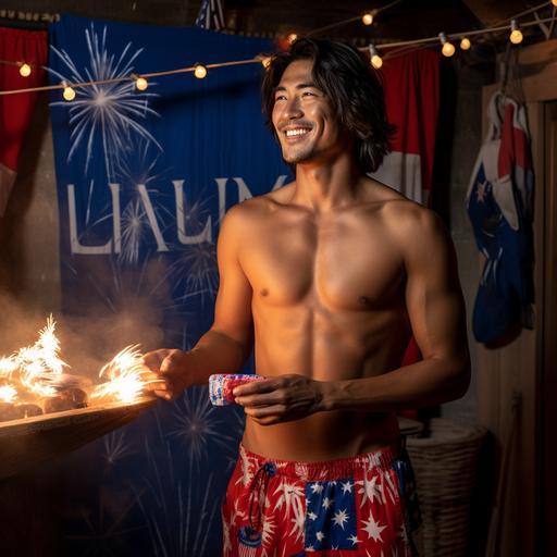 In the image, the model is still wearing the KUAILUA Surf swim trunks, but he is now positioned in front of a festive and patriotic backdrop, such as a beach party or a backyard barbecue. The lighting is bright and warm, reflecting the joyful and celebratory mood of the Fourth of July. The model may be holding a cold drink or a grilling tool, indicating that he is enjoying the holiday festivities with family and friends. The swim trunks complement the overall atmosphere of the image, emphasizing their versatility and suitability for different occasions. The KUAILUA Surf swim trunks may be designed with a subtle patriotic theme, such as featuring red, white, and blue accents or incorporating a flag design. The image reinforces the brand's connection to American culture and values, appealing to customers who value both style and patriotism. Overall, the image captures the festive and patriotic spirit of the Fourth of July, showcasing the KUAILUA Surf swim trunks as a stylish and functional choice for holiday celebrations and outdoor activities. --v 5