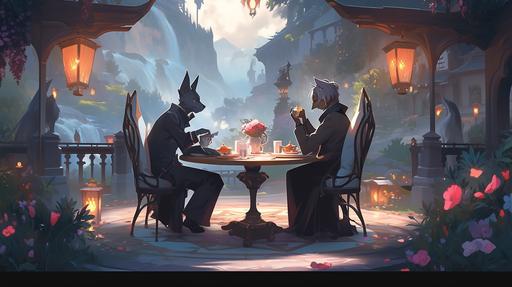 In the image, the powerful anthro ifrit and the delicate pixie are seated across from each other at a small table in an enchanting, outdoor setting, possibly a garden brimming with iridescent flowers that gleam under the soft moonlight. They seem to be in a world of their own, oblivious to the mystical creatures of the night that inhabit the background. The ifrit, with his fiery fur subtly glowing, leans in slightly, a thoughtful and captivated look on his face. He's careful not to overpower his smaller companion, his posture respectful, mirroring the pixie's. His smart vest from before complements his intense, warm color palette, contrasting beautifully against the serene, cool backdrop of the evening. Across the table, the pixie is beautifully ethereal. His slight, winged figure is rendered in gentle pastels, perhaps a cool lavender or soft cerulean, with luminescent wings that shimmer in the moonlight. His delicate features hold an expressive, joyous smile, his eyes reflecting the glow from the ifrit, indicating mutual interest and connection. The pixie is dressed in elegant attire fitting his size, maybe a suit tailored from the petal of a rare, enchanting flower, or spun from gossamer thread, looking both refined and natural against his soft, pastel coloration. Their table is set with a miniature feast - dishes maybe crafted from dewdrops and nectar, accented by tiny, flame-lit candles that dance in the ifrit's presence, casting warm, soft glows against the pixie's radiant visage. Despite their contrasting elements - fire and air, warm and cool, bold and delicate - the image emanates harmony and enchantment. The artist has cleverly illustrated a story of an unlikely pairing that somehow feels just right, an ifrit and a pixie, lost in each other amidst a [...]