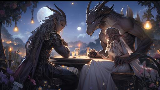 In the image, the powerful anthro ifrit and the delicate pixie are seated across from each other at a small table in an enchanting, outdoor setting, possibly a garden brimming with iridescent flowers that gleam under the soft moonlight. They seem to be in a world of their own, oblivious to the mystical creatures of the night that inhabit the background. The ifrit, with his fiery fur subtly glowing, leans in slightly, a thoughtful and captivated look on his face. He's careful not to overpower his smaller companion, his posture respectful, mirroring the pixie's. His smart vest from before complements his intense, warm color palette, contrasting beautifully against the serene, cool backdrop of the evening. Across the table, the pixie is beautifully ethereal. His slight, winged figure is rendered in gentle pastels, perhaps a cool lavender or soft cerulean, with luminescent wings that shimmer in the moonlight. His delicate features hold an expressive, joyous smile, his eyes reflecting the glow from the ifrit, indicating mutual interest and connection. The pixie is dressed in elegant attire fitting his size, maybe a suit tailored from the petal of a rare, enchanting flower, or spun from gossamer thread, looking both refined and natural against his soft, pastel coloration. Their table is set with a miniature feast - dishes maybe crafted from dewdrops and nectar, accented by tiny, flame-lit candles that dance in the ifrit's presence, casting warm, soft glows against the pixie's radiant visage. Despite their contrasting elements - fire and air, warm and cool, bold and delicate - the image emanates harmony and enchantment. The artist has cleverly illustrated a story of an unlikely pairing that somehow feels just right, an ifrit and a pixie, lost in each other amidst a [...]