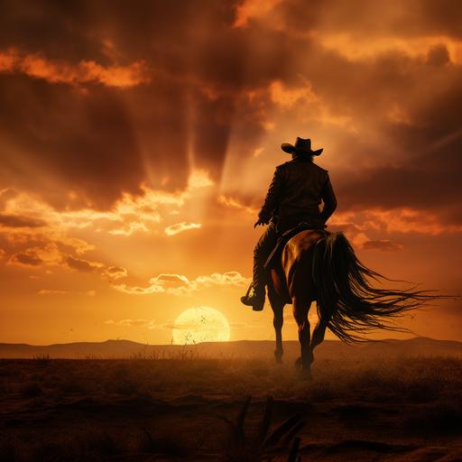 In the land where shadows met the golden glow of a setting sun, a cartoonish cowboy astride a spirited steed galloped across the vast expanse of the prairie. His silhouette, unmistakable and bold, boasted a hat that defied gravity, casting a long, exaggerated shadow across the dusty trail. The cowboy's eyes squinted with determination, and a toothpick dangled nonchalantly from the corner of his grinning mouth. His cowboy boots, pointy and larger than life, thudded rhythmically against the earth as the horse's hooves kicked up a playful cloud of dust in their wake. Mounted on a horse that seemed to have sprung from the pages of a wild west comic, the duo moved with a swagger that echoed through the open plains. The horse's mane danced in the breeze, and the cowboy's duster jacket billowed dramatically, as if stirred by an invisible cinematic wind. The sun, a blazing orb in the sky, painted the scene in warm hues of orange and red, creating a backdrop that highlighted the cowboy's adventurous spirit. His lasso, coiled at his side, added an extra touch of flair to his animated persona. As they rode into the fading light, the cowboy's silhouette merged seamlessly with the vibrant colors of the evening sky. The horizon stretched before them, a canvas of possibilities, as the cartoonish cowboy and his trusty horse ventured into the twilight, leaving behind a trail of dust and legends.