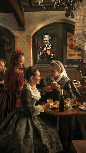 In the mid-19th century, nestled within a building that boasts the intricate architecture of 1850s Europe, a KFC store finds its place. Patrons dressed in the fashion of the 18th century, with women in lace dresses and men in gothic fashion, gather around wooden tables to partake in the novel experience of eating KFC chicken. This scene, captured with the detail and realism of a film, vividly contrasts the historical setting with the modernity of KFC, emphasized by the brand's iconic colors and a prominently displayed KFC sign. The camera focuses on a group of three individuals, engaged in the communal joy of sharing KFC chicken, highlighting this anachronistic gathering. The ambiance is warm and inviting, a beacon of familiarity in a bygone era. --ar 9:16 --v 6.0 --style raw --s 50