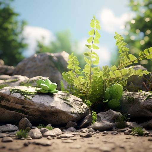 In the middle of the picture is a flat stone, the stone is ready to put products, surrounded by a lot of green plants, close-up, the background is clean and bright, OC rendering, ultra-detailed materials, hyper-realistic. --v 5.2