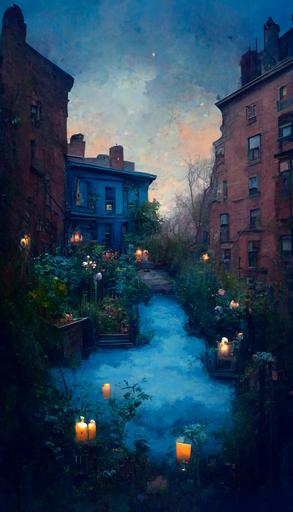 In the middle of two 19th-century Brooklyn brownstone buildings, there is a surreal small twilight creek-garden with rose-brambles, candle-birds, and tiny mystery-magic. The atmosphere is serene and overcast, with a midnight-blue, blue-black, royal-blue, or navy-blue sky.  --aspect 9:16 --q 2 --uplight