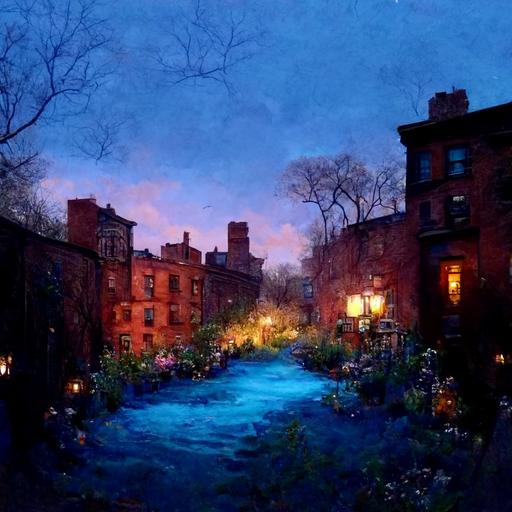In the middle of two 19th-century Brooklyn brownstone buildings, there is a surreal small twilight creek-garden with rose-brambles, candle-birds, and tiny mystery-magic. The atmosphere is serene and overcast, with a midnight-blue, blue-black, royal-blue, or navy-blue sky.