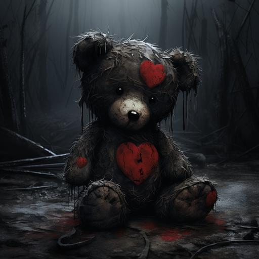 In the midst of the poignant scene, a small thin red fabric heart hangs precariously from the teddy bear's chest above his heart, its stitching torn with a subtle tear. This delicate addition accentuates the bear's quiet sadness, symbolizing a fragile connection to a distant memory, adding a poignant touch to the weathered narrative. Dark undertones, ominous, spooky. The other heart in the background is positioned above the bears head - Image #3