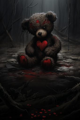 In the midst of the poignant scene, a small thin red fabric heart hangs precariously from the teddy bear's chest above his heart, its stitching torn with a subtle tear. This delicate addition accentuates the bear's quiet sadness, symbolizing a fragile connection to a distant memory, adding a poignant touch to the weathered narrative. Dark undertones, ominous, spooky. The other heart in the background is positioned above the bears head - Image #3