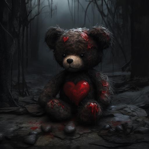 In the midst of the poignant scene, a small thin red fabric heart hangs precariously from the teddy bear's chest above his heart, its stitching torn with a subtle tear. This delicate addition accentuates the bear's quiet sadness, symbolizing a fragile connection to a distant memory, adding a poignant touch to the weathered narrative. Dark undertones, ominous, spooky. The other heart in the background is positioned above the bears head - Image #3