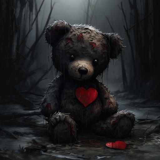 In the midst of the poignant scene, a small thin red fabric heart hangs precariously from the teddy bear's chest above his heart, its stitching torn with a subtle tear. This delicate addition accentuates the bear's quiet sadness, symbolizing a fragile connection to a distant memory, adding a poignant touch to the weathered narrative. Dark undertones, ominous, spooky. The other heart in the background is positioned above the bears head - Image #3