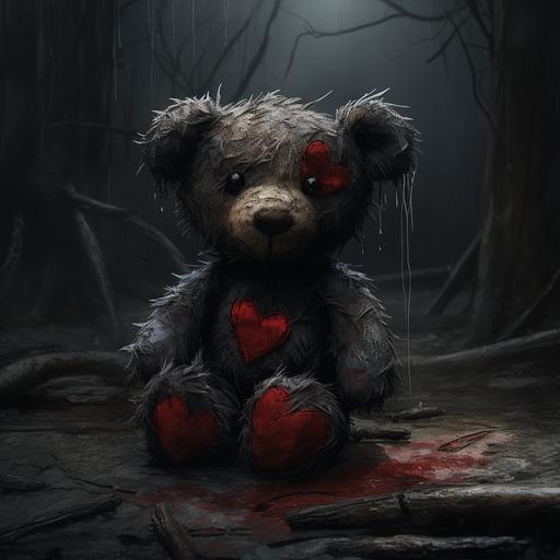 In the midst of the poignant scene, a small thin red fabric heart hangs precariously from the teddy bear's chest above his heart, its stitching torn with a subtle tear. This delicate addition accentuates the bear's quiet sadness, symbolizing a fragile connection to a distant memory, adding a poignant touch to the weathered narrative. Dark undertones, ominous, spooky. The other heart in the background is positioned above the bears head - Image #3