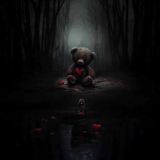 In the midst of the poignant scene, a small thin red fabric heart hangs precariously from the teddy bear's chest above his heart, its stitching torn with a subtle tear. This delicate addition accentuates the bear's quiet sadness, symbolizing a fragile connection to a distant memory, adding a poignant touch to the weathered narrative. Dark undertones, ominous, spooky. The other heart in the background is positioned above the bears head - Image #3