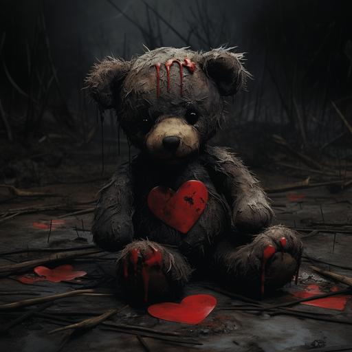 In the midst of the poignant scene, a small thin red fabric heart hangs precariously from the teddy bear's chest above his heart, its stitching torn with a subtle tear. This delicate addition accentuates the bear's quiet sadness, symbolizing a fragile connection to a distant memory, adding a poignant touch to the weathered narrative. Dark undertones, ominous, spooky. The other heart in the background is positioned above the bears head - Image #3