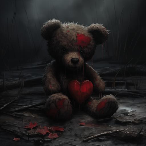 In the midst of the poignant scene, a small thin red fabric heart hangs precariously from the teddy bear's chest above his heart, its stitching torn with a subtle tear. This delicate addition accentuates the bear's quiet sadness, symbolizing a fragile connection to a distant memory, adding a poignant touch to the weathered narrative. Dark undertones, ominous, spooky. The other heart in the background is positioned above the bears head - Image #3