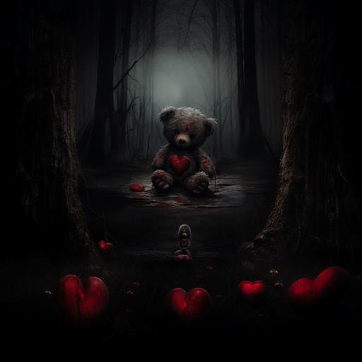 In the midst of the poignant scene, a small thin red fabric heart hangs precariously from the teddy bear's chest above his heart, its stitching torn with a subtle tear. This delicate addition accentuates the bear's quiet sadness, symbolizing a fragile connection to a distant memory, adding a poignant touch to the weathered narrative. Dark undertones, ominous, spooky. The other heart in the background is positioned above the bears head - Image #3