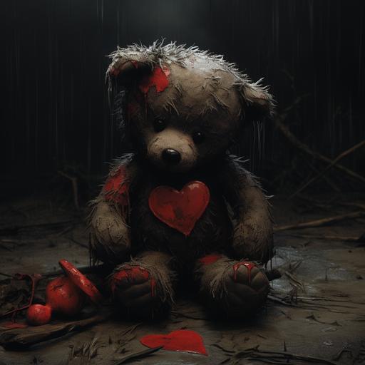 In the midst of the poignant scene, a small thin red fabric heart hangs precariously from the teddy bear's chest above his heart, its stitching torn with a subtle tear. This delicate addition accentuates the bear's quiet sadness, symbolizing a fragile connection to a distant memory, adding a poignant touch to the weathered narrative. Dark undertones, ominous, spooky. The other heart in the background is positioned above the bears head - Image #3