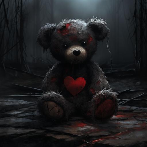 In the midst of the poignant scene, a small thin red fabric heart hangs precariously from the teddy bear's chest above his heart, its stitching torn with a subtle tear. This delicate addition accentuates the bear's quiet sadness, symbolizing a fragile connection to a distant memory, adding a poignant touch to the weathered narrative. Dark undertones, ominous, spooky. The other heart in the background is positioned above the bears head - Image #3