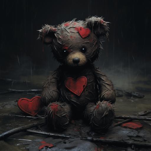 In the midst of the poignant scene, a small thin red fabric heart hangs precariously from the teddy bear's chest above his heart, its stitching torn with a subtle tear. This delicate addition accentuates the bear's quiet sadness, symbolizing a fragile connection to a distant memory, adding a poignant touch to the weathered narrative. Dark undertones, ominous, spooky. The other heart in the background is positioned above the bears head - Image #3