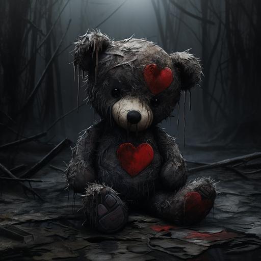 In the midst of the poignant scene, a small thin red fabric heart hangs precariously from the teddy bear's chest above his heart, its stitching torn with a subtle tear. This delicate addition accentuates the bear's quiet sadness, symbolizing a fragile connection to a distant memory, adding a poignant touch to the weathered narrative. Dark undertones, ominous, spooky. The other heart in the background is positioned above the bears head - Image #3