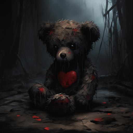 In the midst of the poignant scene, a small thin red fabric heart hangs precariously from the teddy bear's chest above his heart, its stitching torn with a subtle tear. This delicate addition accentuates the bear's quiet sadness, symbolizing a fragile connection to a distant memory, adding a poignant touch to the weathered narrative. Dark undertones, ominous, spooky. The other heart in the background is positioned above the bears head - Image #3