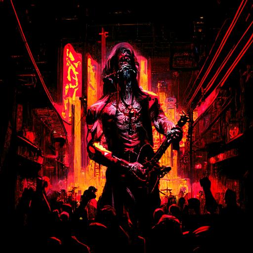 In the neon-lit streets of Sin City, a shadowy figure stands on a dimly lit stage, surrounded by the pulsing beats of Glem Metal. The music, a fusion of heavy metal and electronic sounds, fills the air with a sense of danger and power. The figure, a mysterious musician, commands the stage with their electrifying performance, their instruments crafted from the same Glem Metal as the music they play. The metal's twisted, organic shapes and jagged edges mirror the chaotic energy of the music. The audience is mesmerized, caught in the grip of the dangerous and alluring sounds. The scene evokes the work of Rob Zombie, Rammstein and Nine Inch Nails. sin city style::2--ar 3:2 --v 4