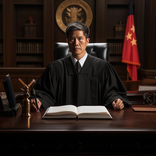 In the scene, a Chinese judge is seated on an elevated platform within a courtroom, dressed in judicial robes and holding a gavel. The walls of the courtroom bear the emblem of China and inscriptions of legal regulations. Adjacent to the judge, there is an ancient law book and a symbol of justice in the form of an eagle's eye. The judge's expression is solemn, and their gaze is unwavering. At the forefront of the courtroom, a massive semi-transparent screen gradually reveals ancient legal documents and modern legal provisions, symbolizing the continuity and evolution of the law. On either side of the courtroom stand figures representing different sectors of the legal field, such as lawyers, law enforcement officers, and legal professionals, all dressed in traditional Chinese attire and displaying focused expressions. The entire scene exudes the solemnity and authority of Chinese law, conveying the significance and influence of the rule of law within Chinese society. --s 250