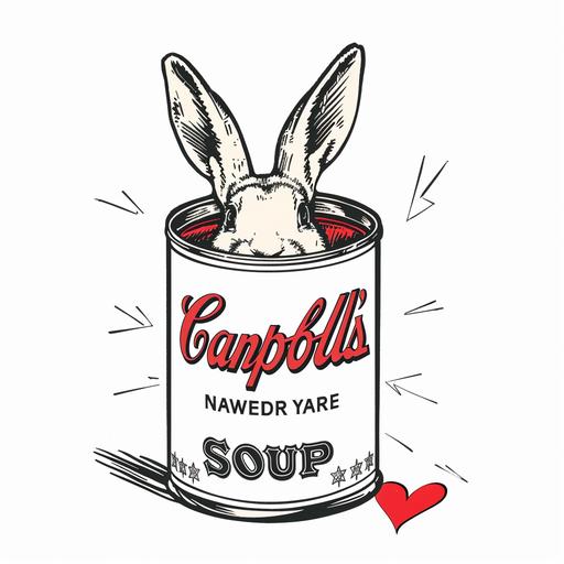 In the style of 80s pop culture cartoons,medium-weight sketch depicts Andy Warhol's re design Campbell's Soup poster with a rabbit head at its center, accompanied by a small heart icon and share symbol in the bottom right corner of the screen. Drawn by hand with a black ink pen, against a white background.